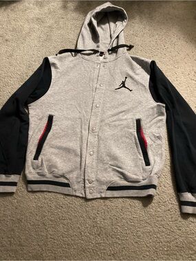 Jordan Grey and Black Hooded Varsity Jacket with Red Trim